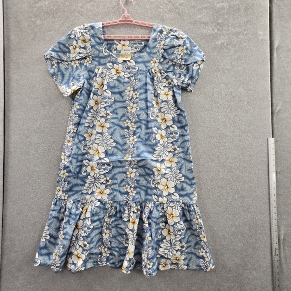 Winnie Fashion‎ Women Dress L Blue Floral Trapeze & Swing Hawaiian Short Sleeve